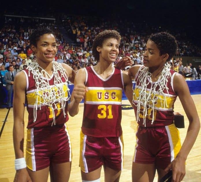 Teaming up with Pam and Paula McGee and Cynthia Cooper, Miller became a four-time All-American, she leading the Trojans to a 112-20 record and to the NCAA title in 1983 and 1984.